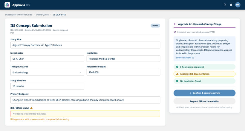 Approvia IIS intake form with fields auto-populated by Approvia AI and a flag for missing IRB documentation